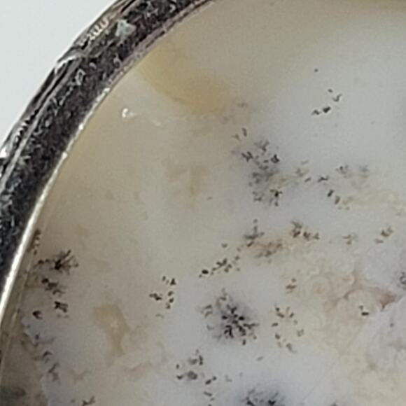 Handmade Silver Pendant With White Dendritic Opal & Floral Bail Detailing - Picture 8 of 10